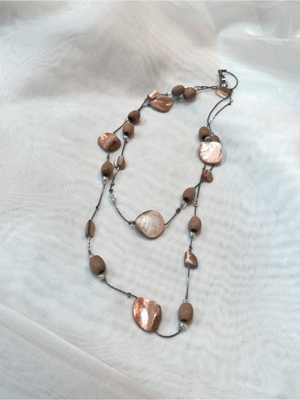 Mother of Pearl Shell & Wood Bead Layered Strand Necklace - Picture 2 of 5